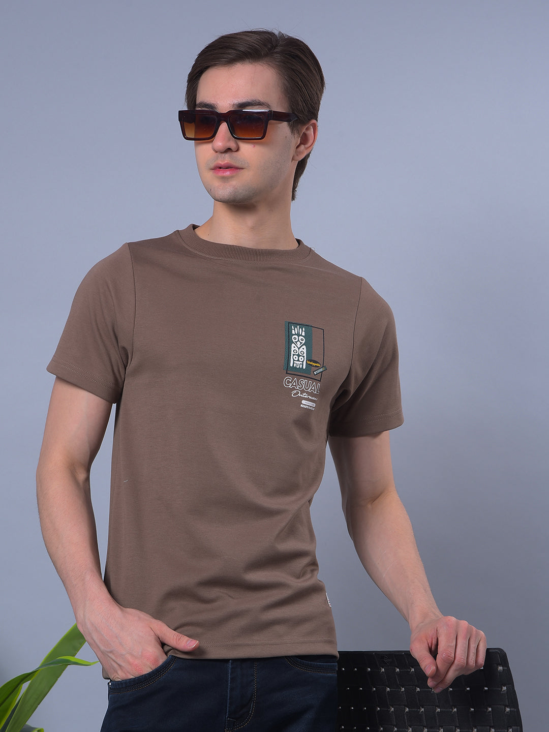 cobb brown printed round neck t-shirt
