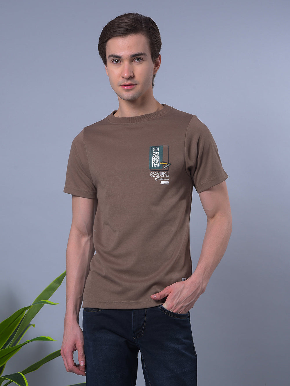 cobb brown printed round neck t-shirt