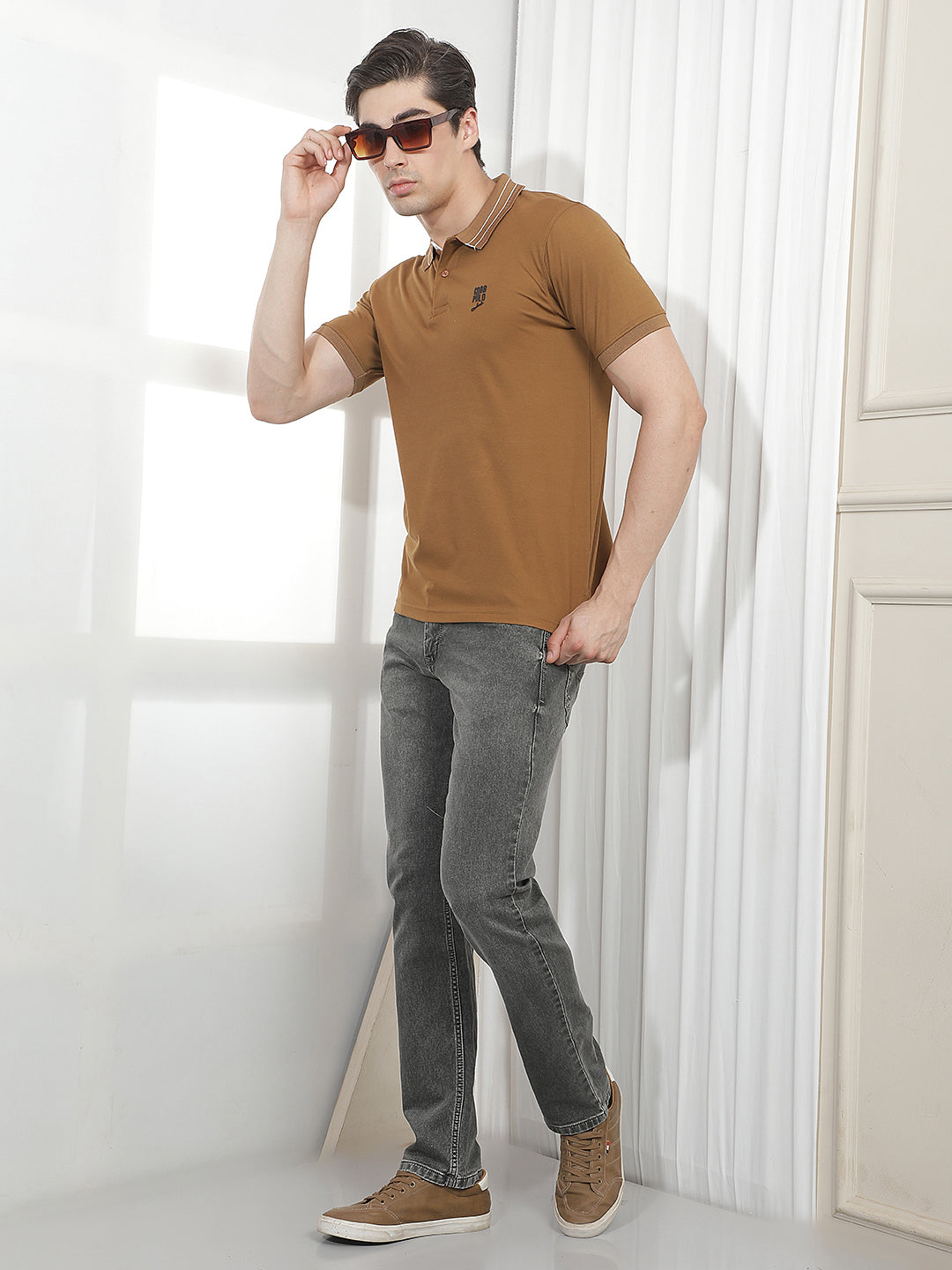 TAN SOLID POLO T-SHIRT