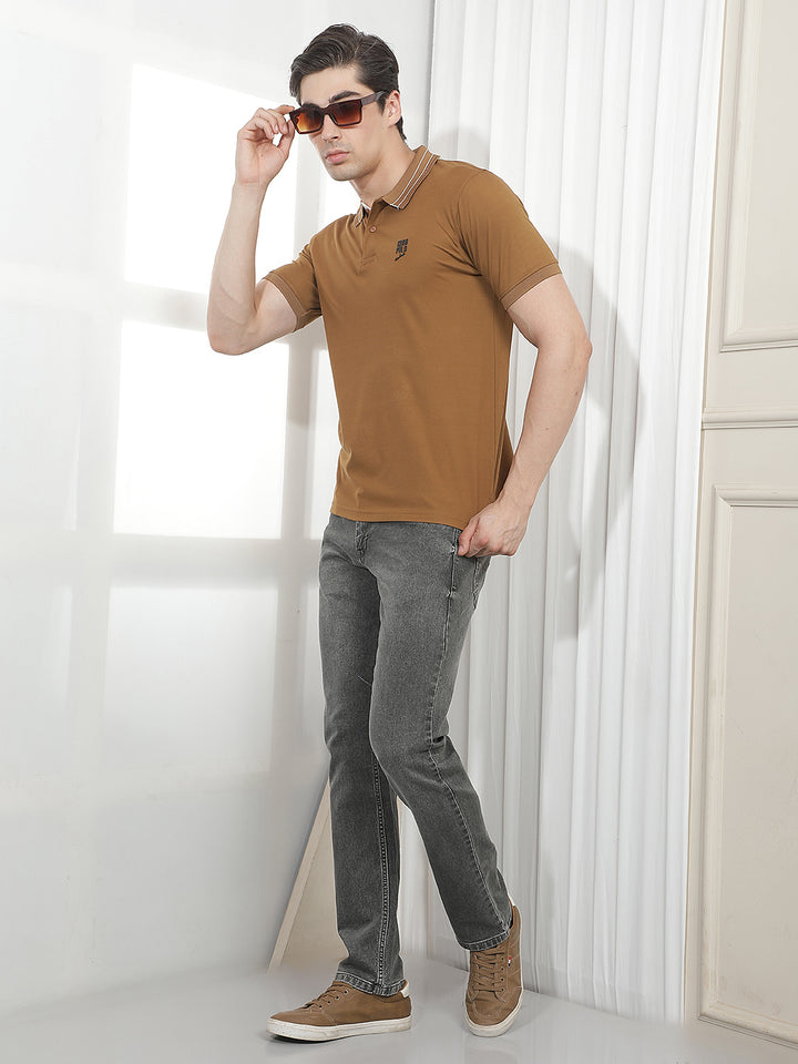 TAN SOLID POLO T-SHIRT