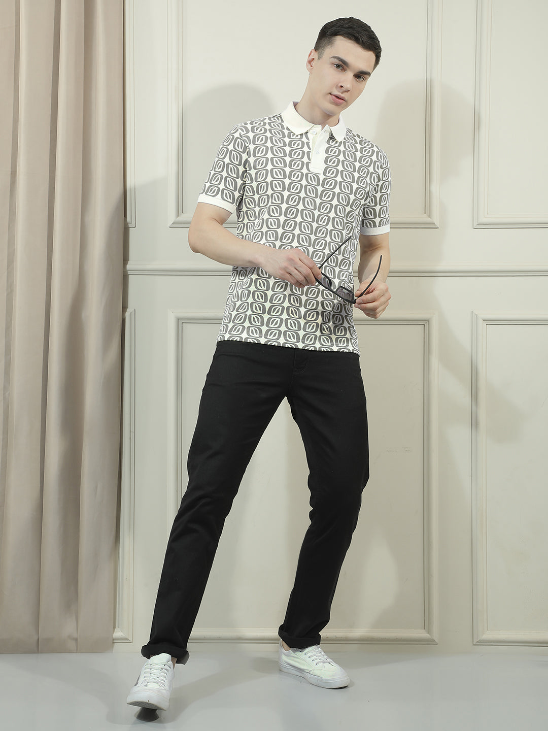 COBB BLACK PRINTED POLO NECK T-SHIRT
