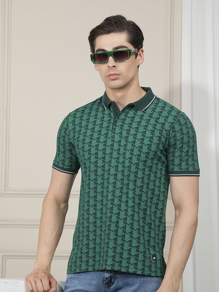 bottle green printed polo t-shirt
