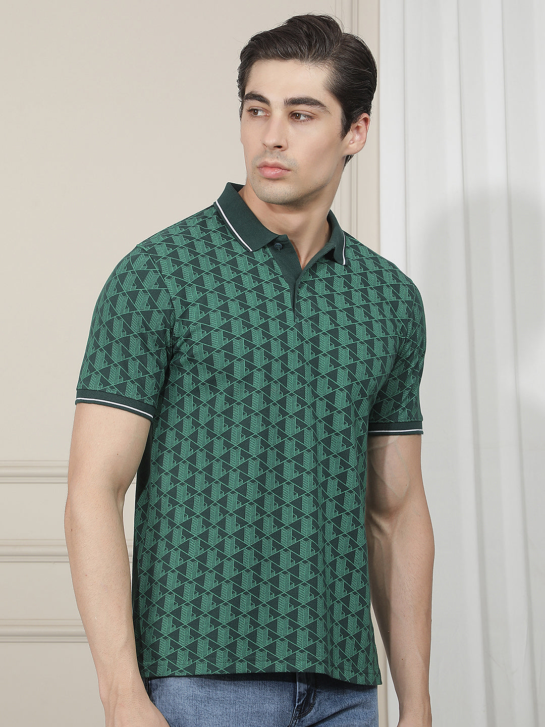 BOTTLE GREEN PRINTED POLO T-SHIRT