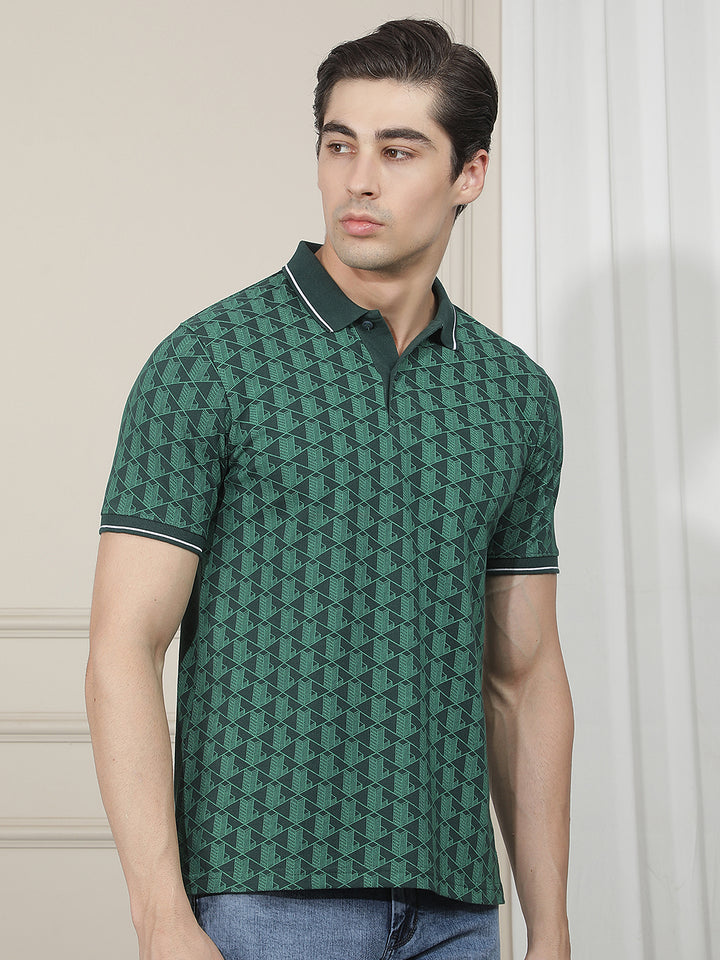 BOTTLE GREEN PRINTED POLO T-SHIRT