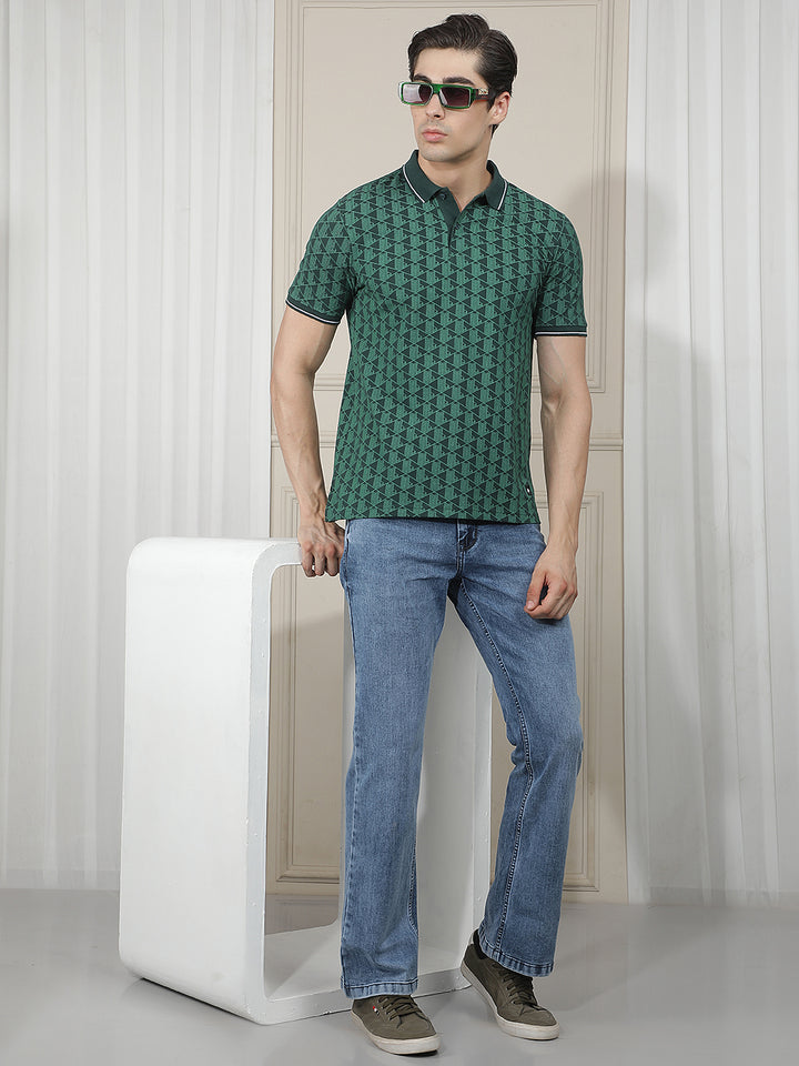 BOTTLE GREEN PRINTED POLO T-SHIRT