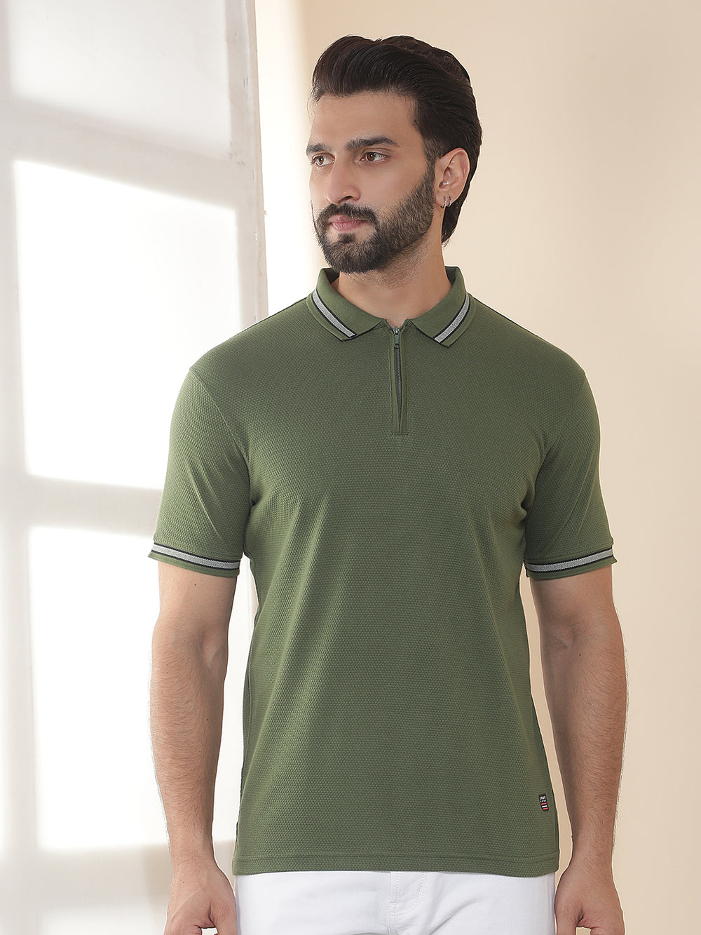 cobb olive solid polo neck t-shirt