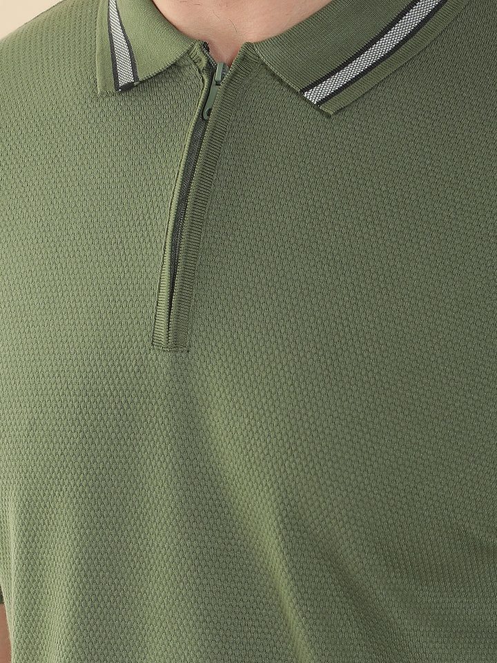COBB OLIVE SOLID POLO NECK T-SHIRT