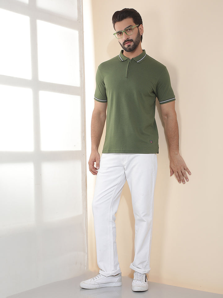 COBB OLIVE SOLID POLO NECK T-SHIRT
