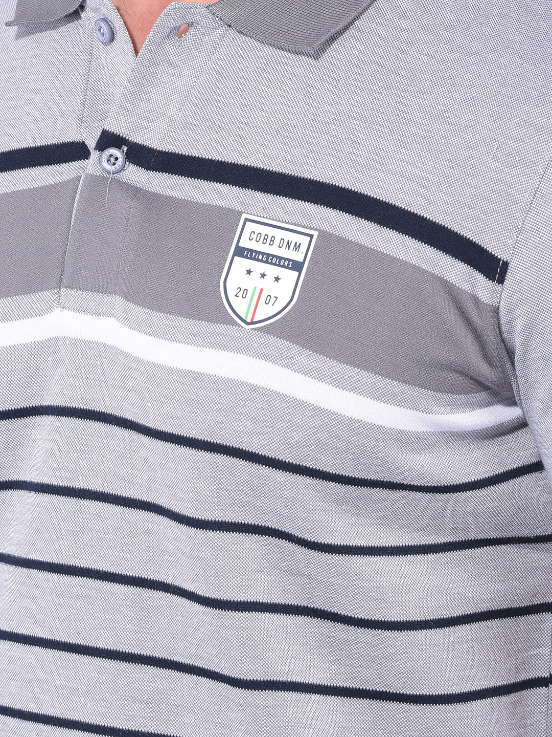 COBB GRAY STRIPED POLO NECK T-SHIRT