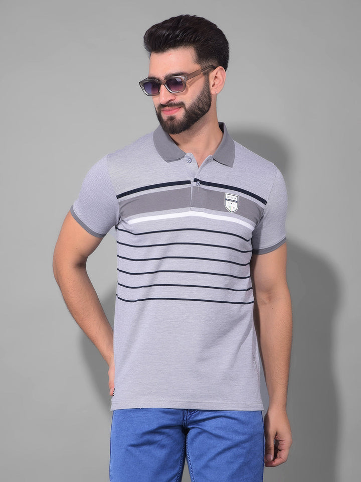 COBB GRAY STRIPED POLO NECK T-SHIRT