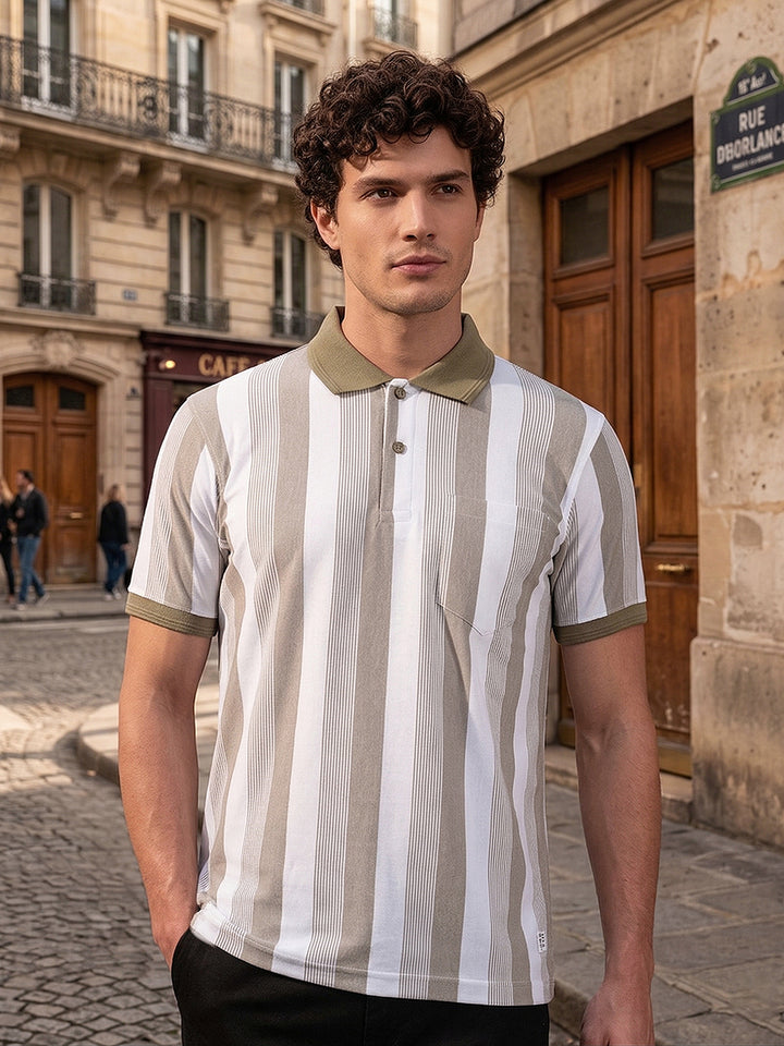 COBB BEIGE COLOR-BLOCK POLO NECK T-SHIRT