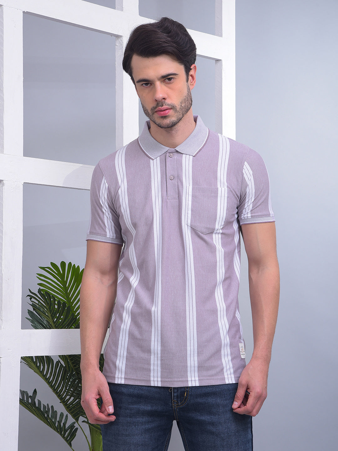 cobb light mauve striped polo neck t-shirt