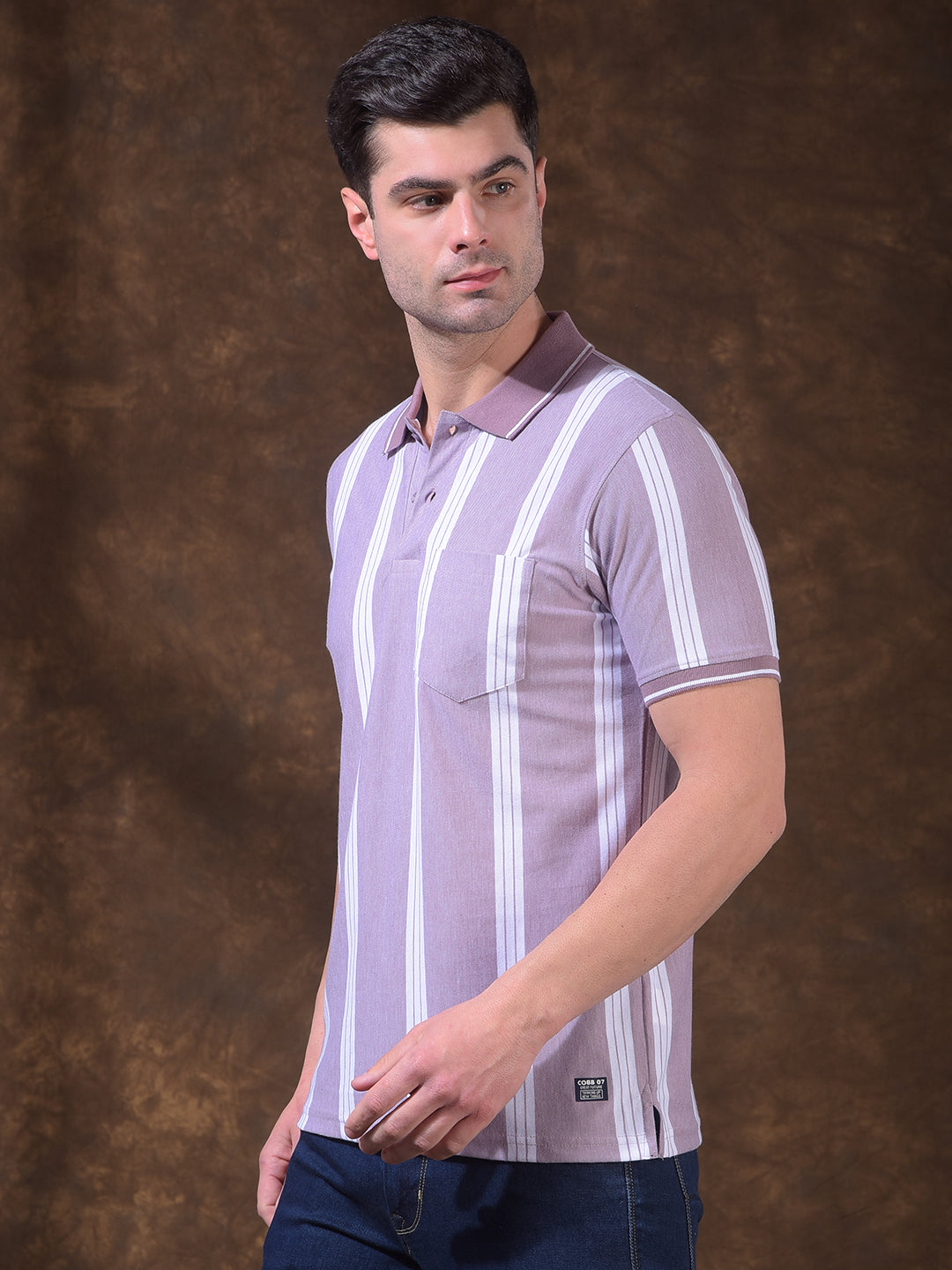 COBB MAUVE STRIPED POLO NECK T-SHIRT