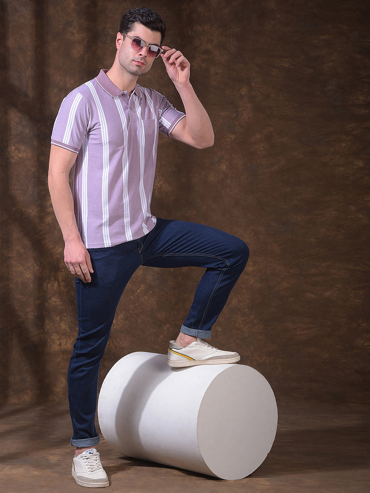 COBB MAUVE STRIPED POLO NECK T-SHIRT