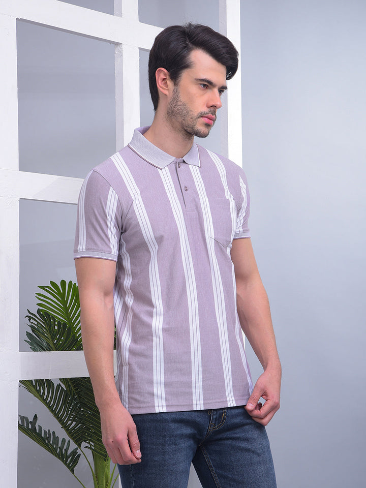 COBB LIGHT MAUVE STRIPED POLO NECK T-SHIRT