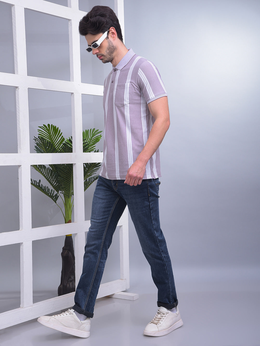 COBB LIGHT MAUVE STRIPED POLO NECK T-SHIRT