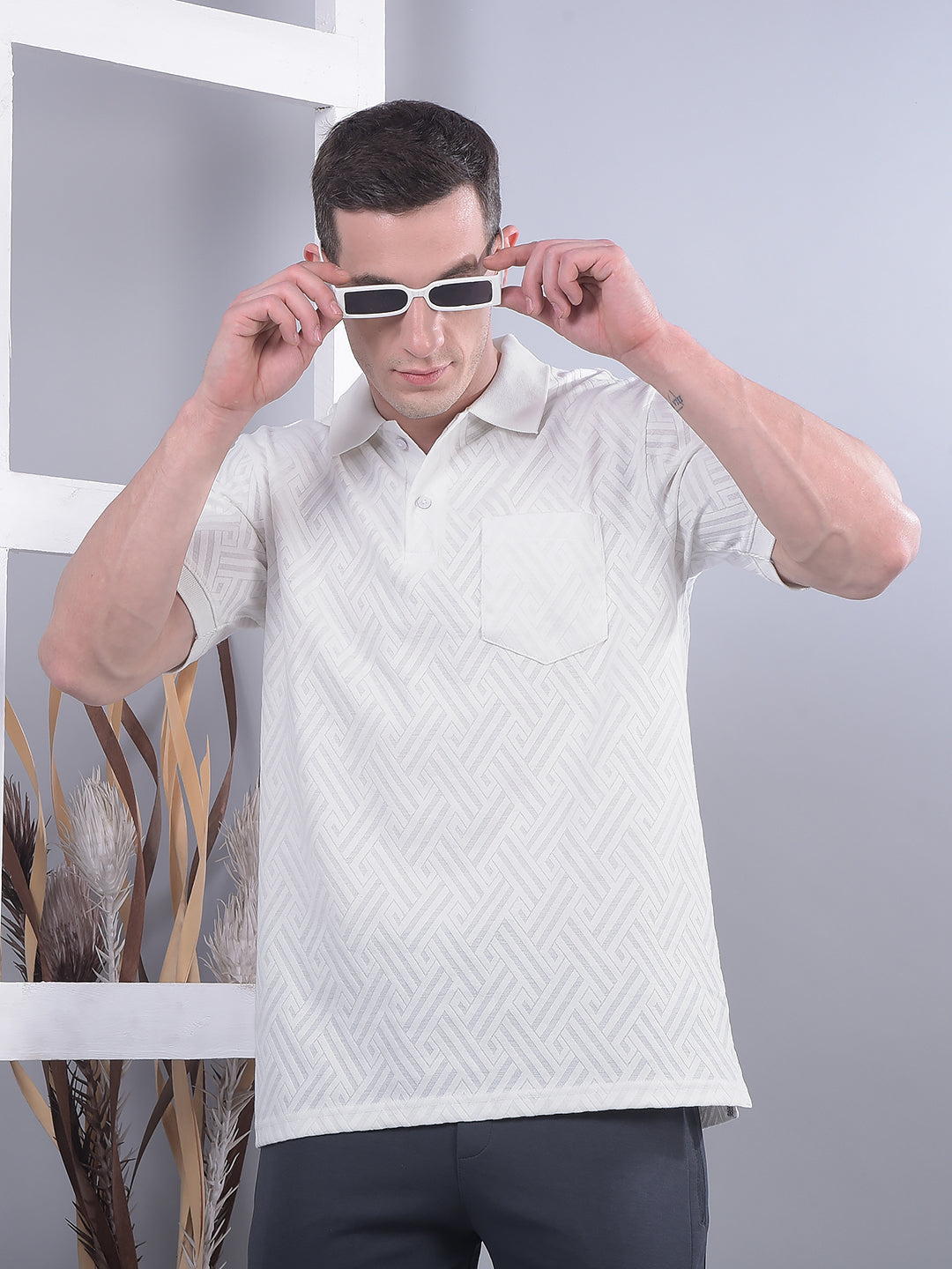 cobb white self-design polo neck t-shirt