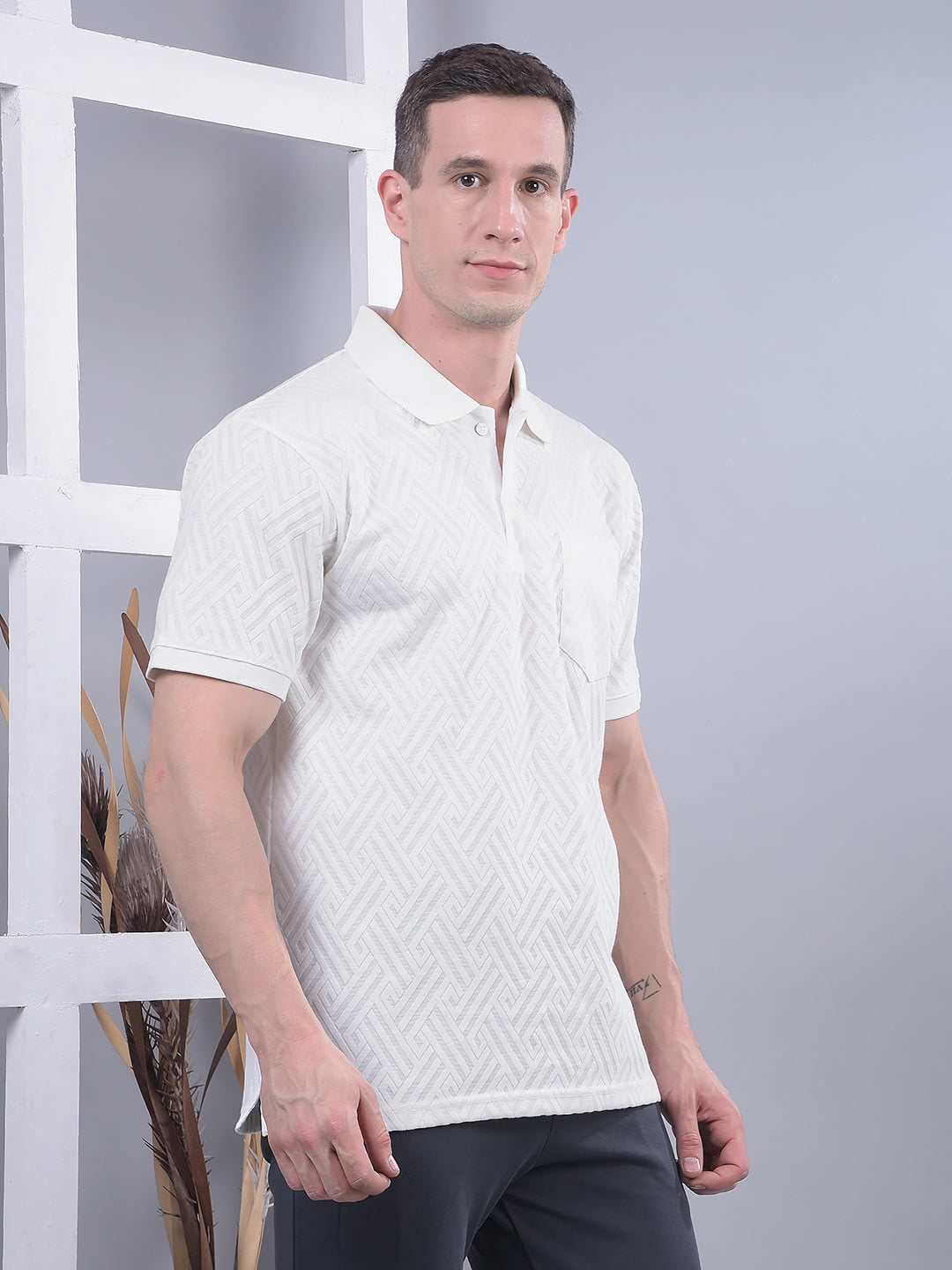 COBB WHITE SELF-DESIGN POLO NECK T-SHIRT