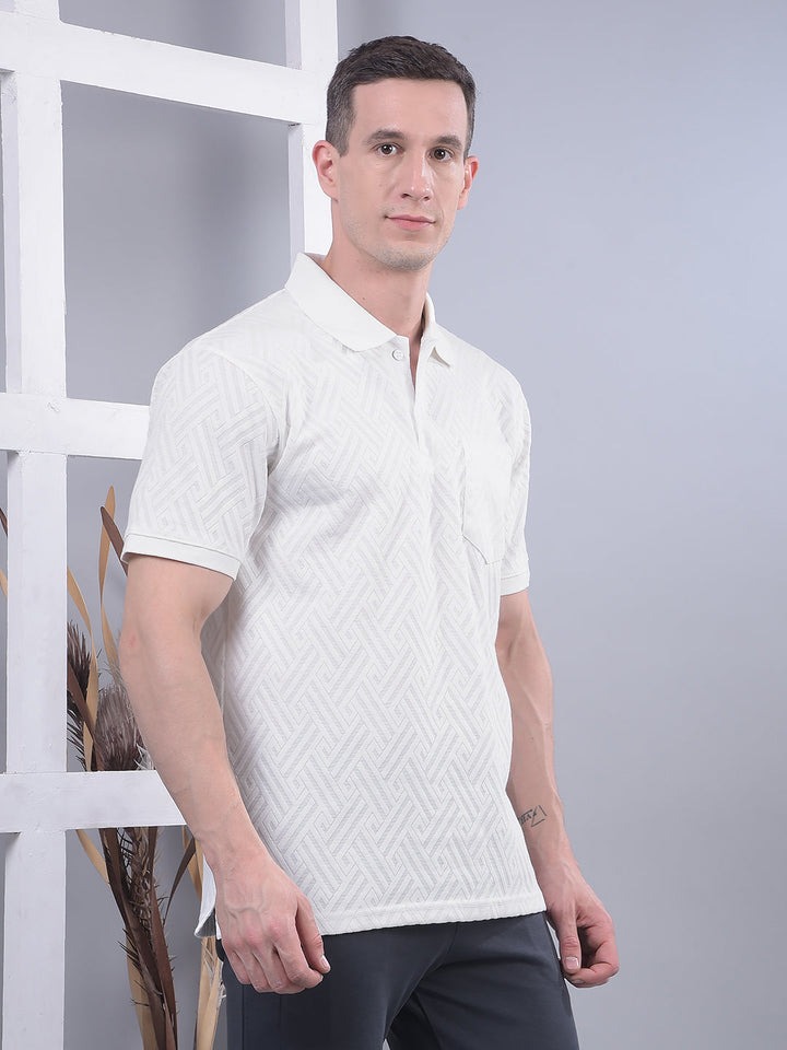 COBB WHITE SELF-DESIGN POLO NECK T-SHIRT