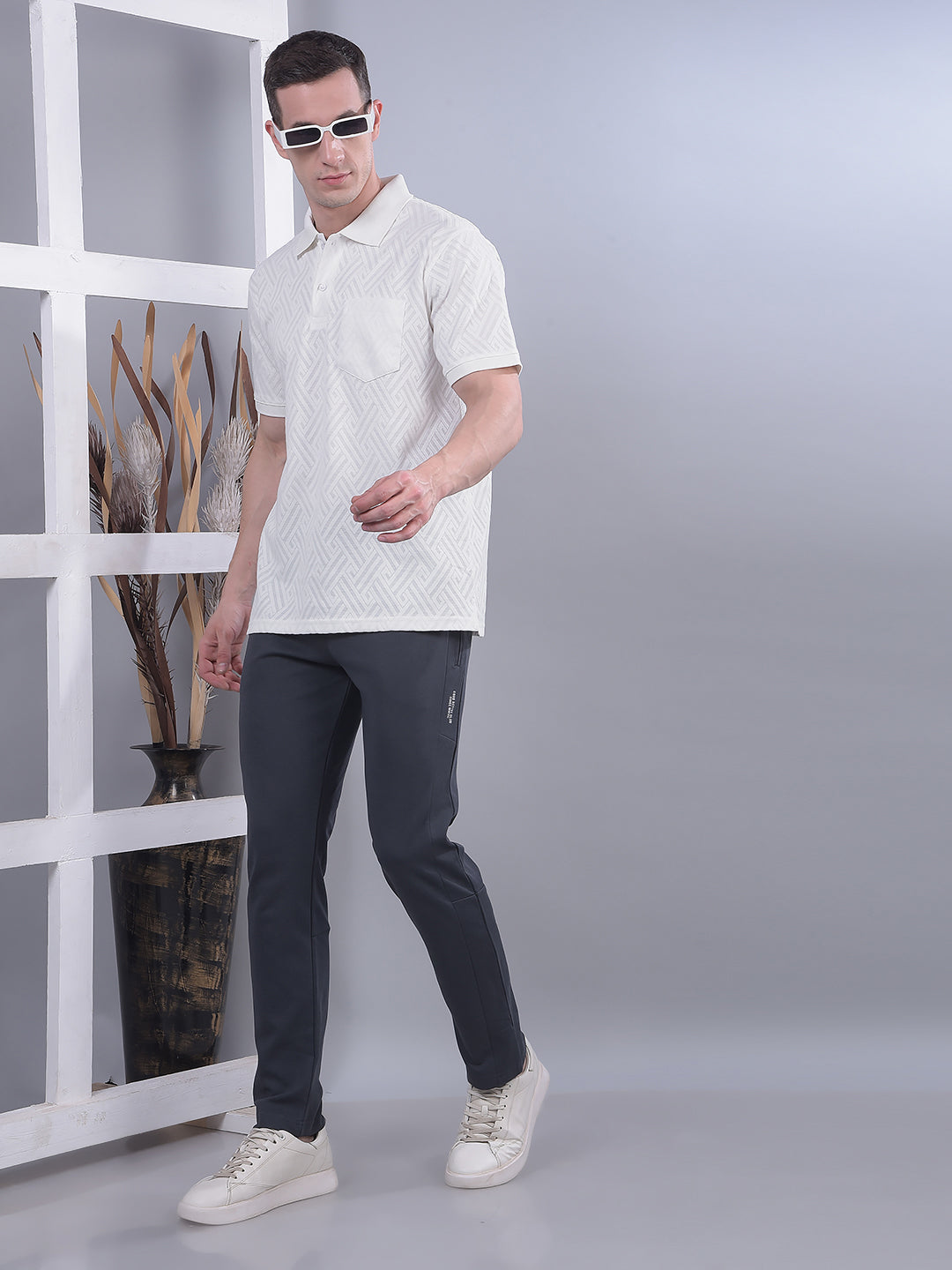 COBB WHITE SELF-DESIGN POLO NECK T-SHIRT
