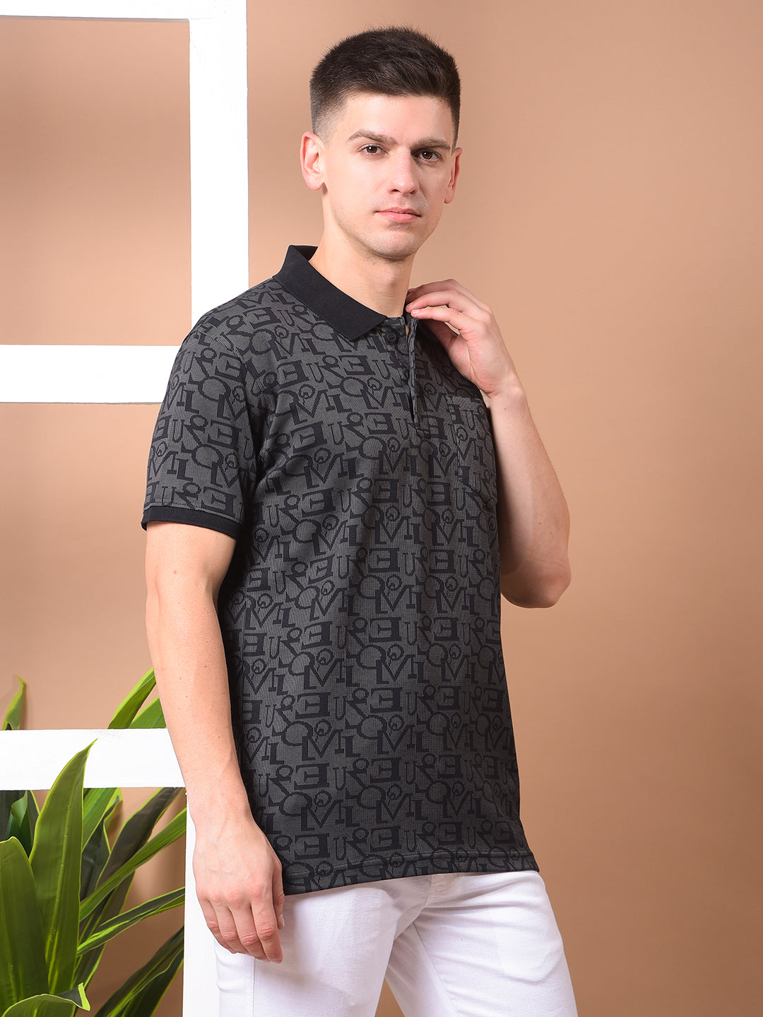 COBB BLACK PRINTED POLO NECK T-SHIRT