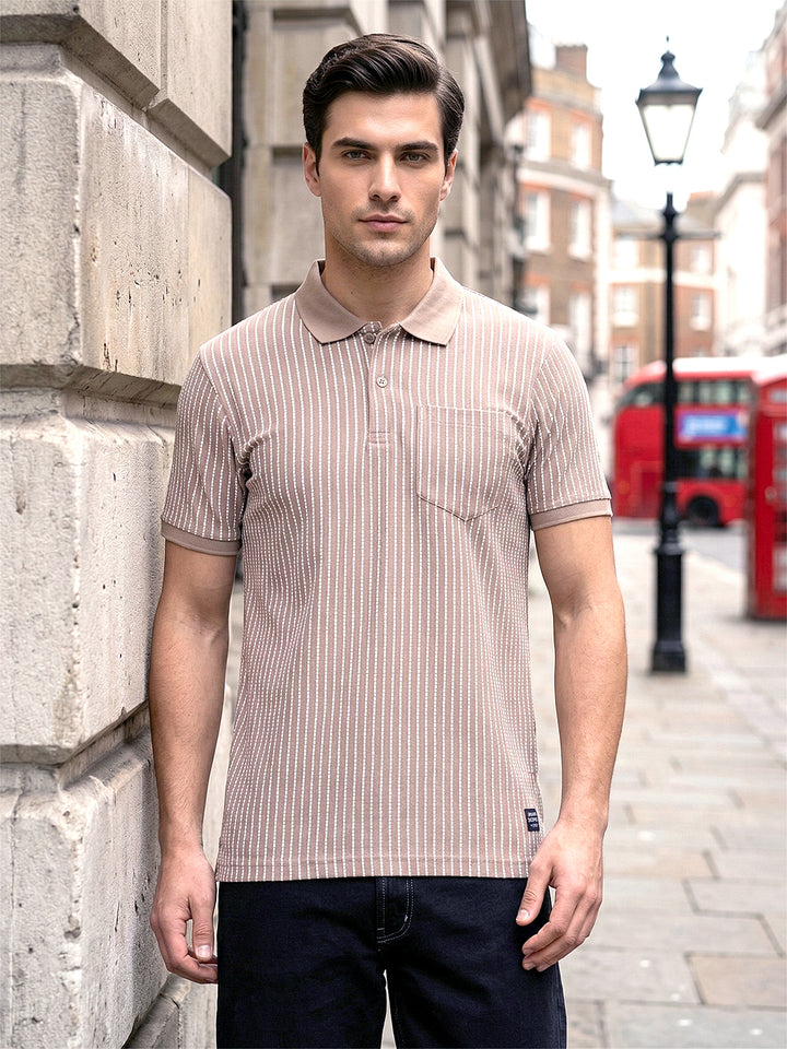 COBB BEIGE STRIPED POLO NECK T-SHIRT