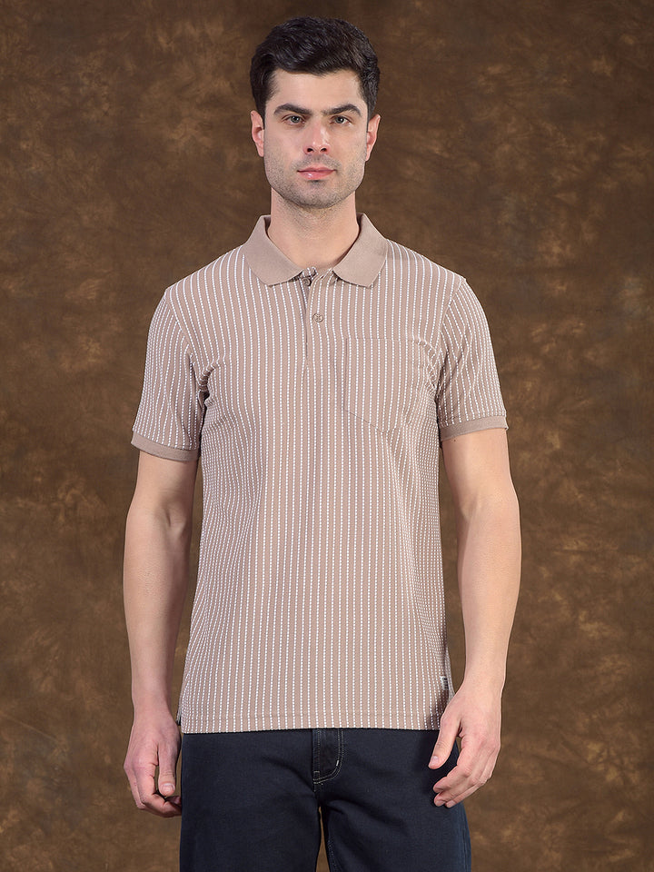COBB BEIGE STRIPED POLO NECK T-SHIRT