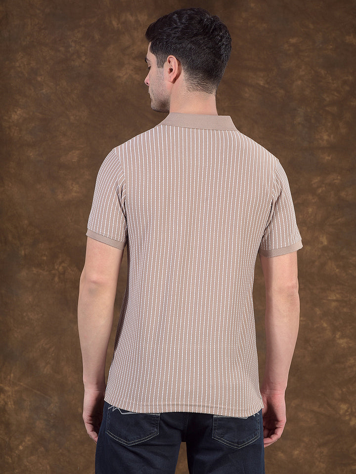 COBB BEIGE STRIPED POLO NECK T-SHIRT