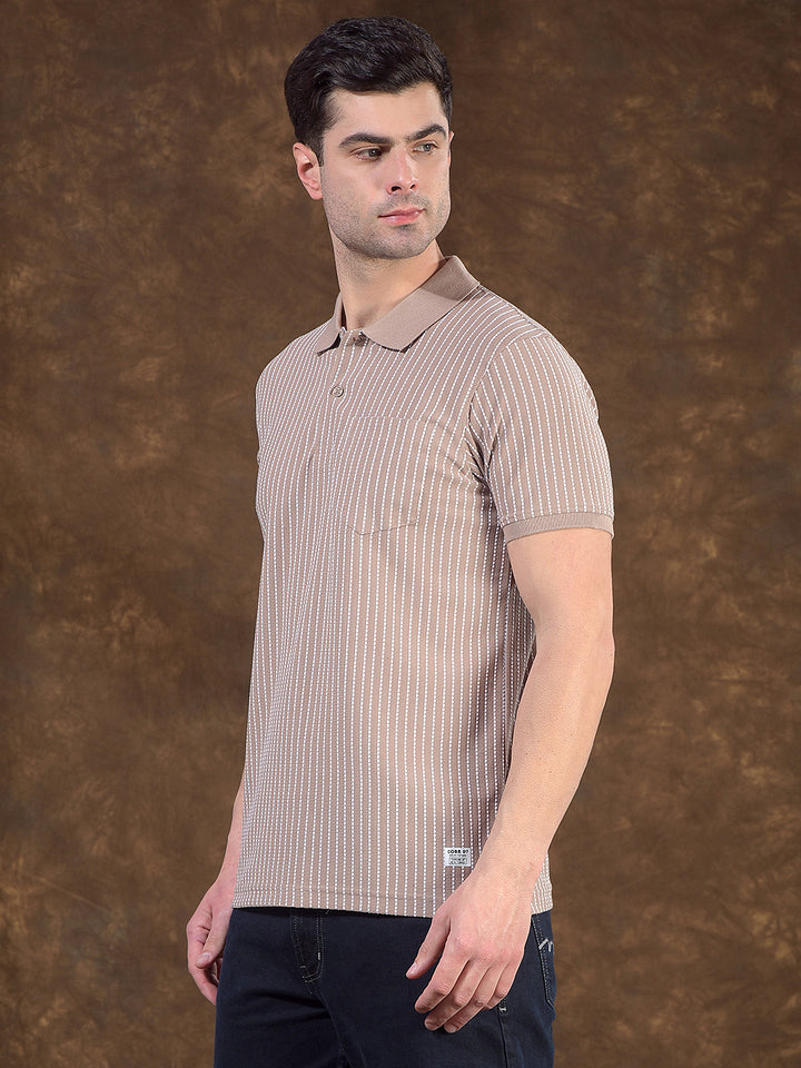 COBB BEIGE STRIPED POLO NECK T-SHIRT