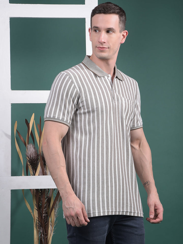 COBB BROWN STRIPED POLO NECK T-SHIRT