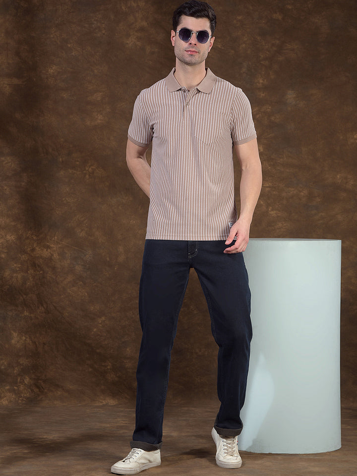 COBB BEIGE STRIPED POLO NECK T-SHIRT