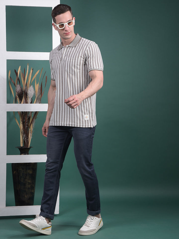 COBB BROWN STRIPED POLO NECK T-SHIRT