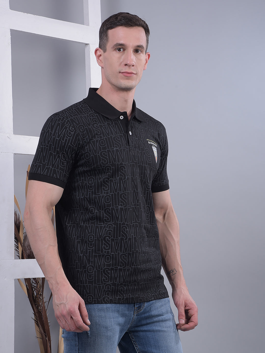 COBB BLACK PRINTED POLO NECK T-SHIRT
