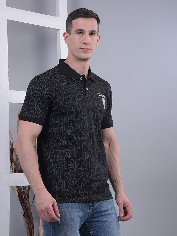 COBB BLACK PRINTED POLO NECK T-SHIRT