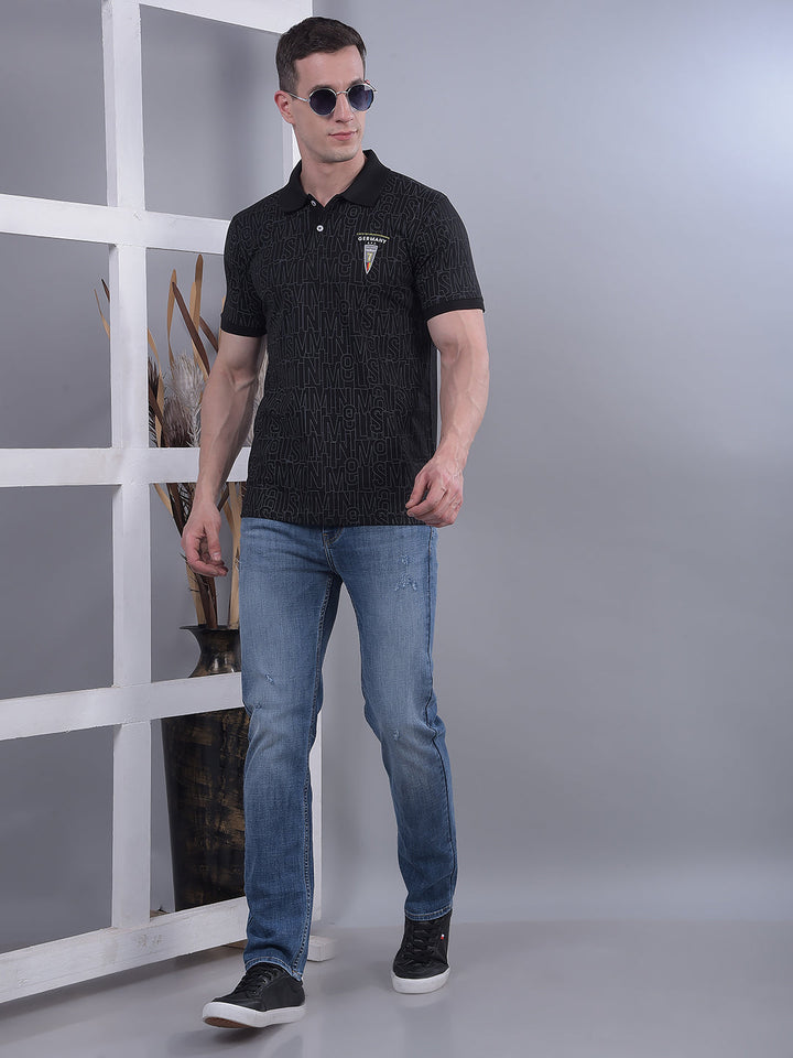 COBB BLACK PRINTED POLO NECK T-SHIRT