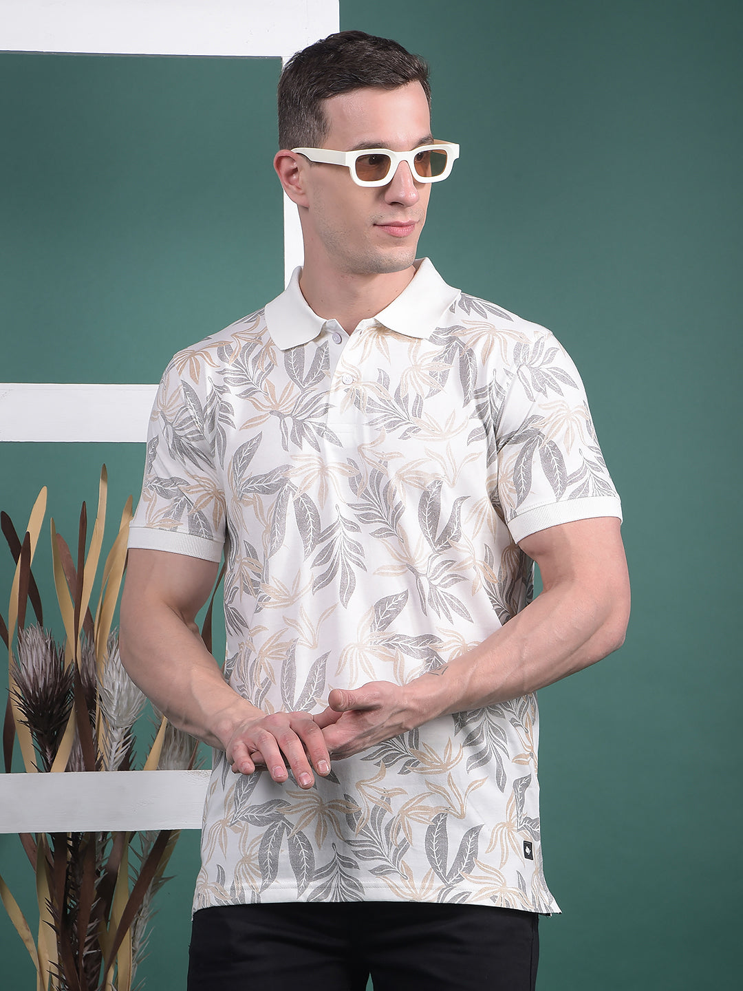 cobb white printed polo neck t-shirt