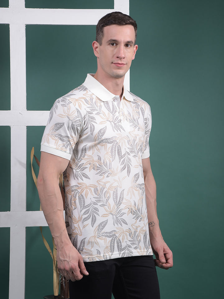 COBB WHITE PRINTED POLO NECK T-SHIRT