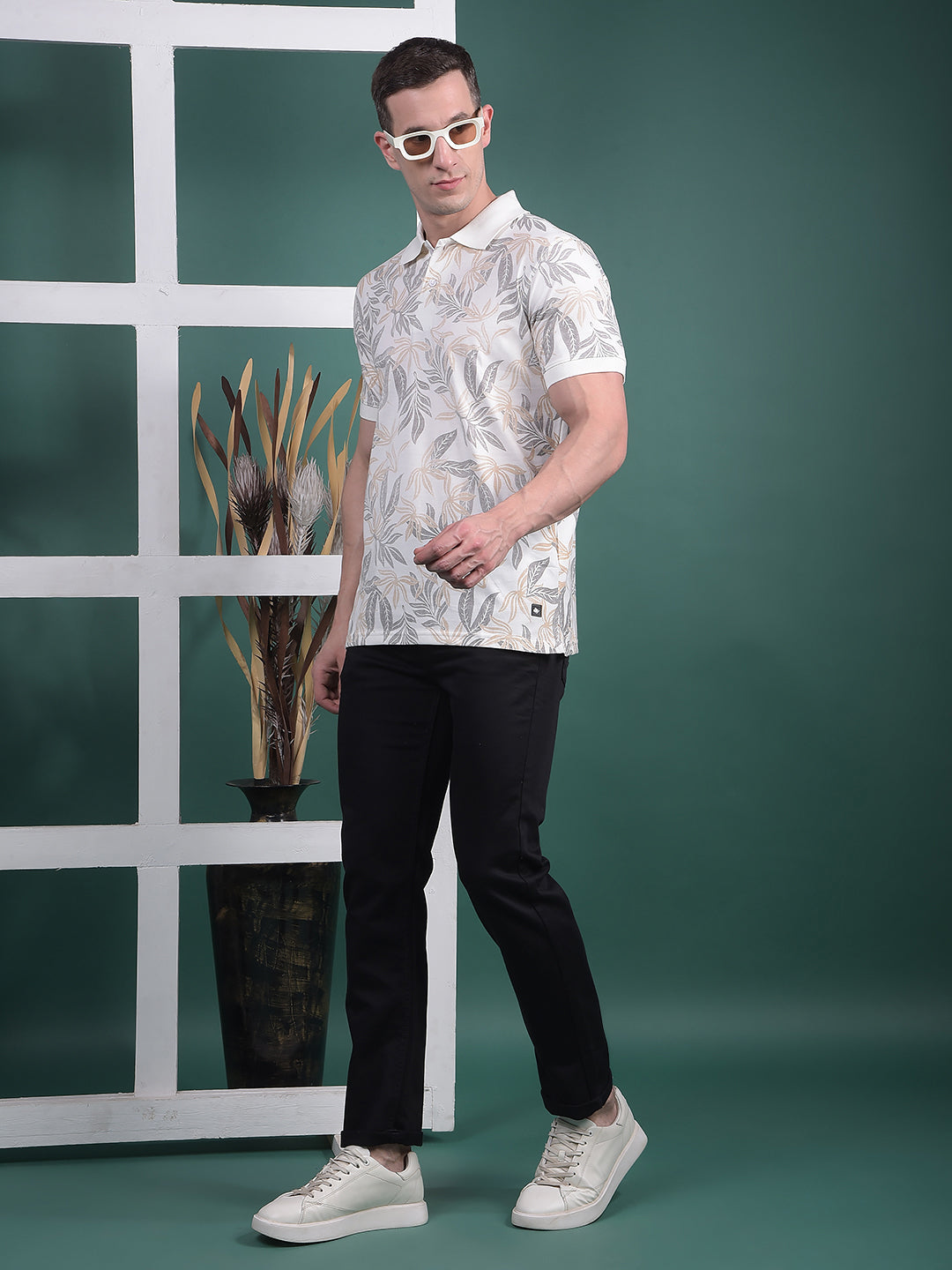 COBB WHITE PRINTED POLO NECK T-SHIRT