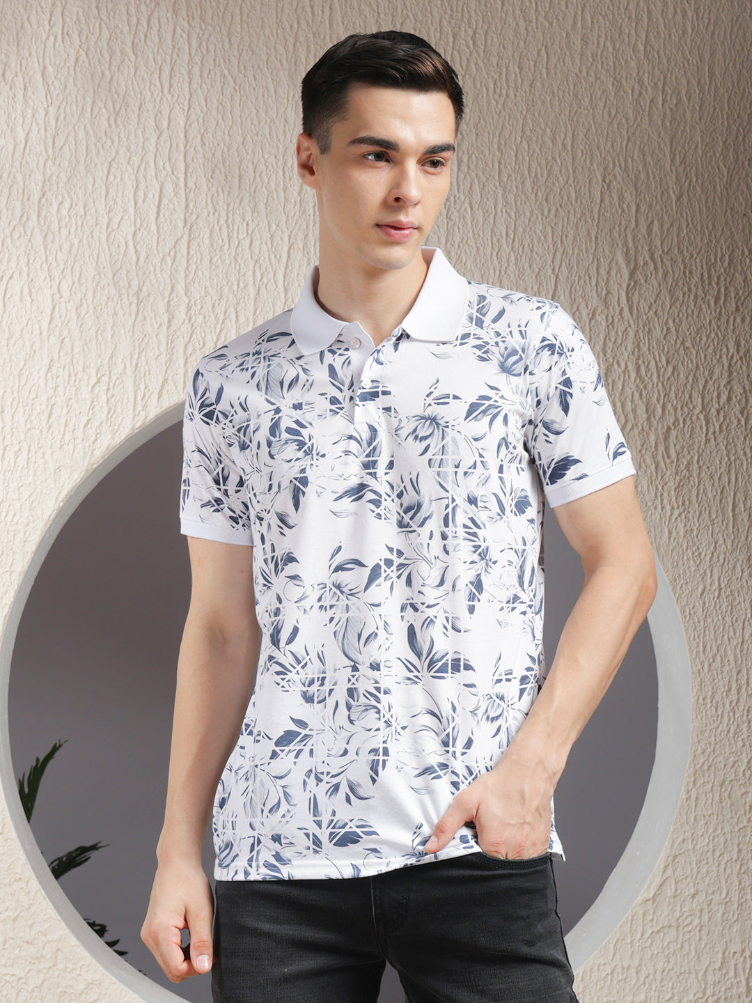 cobb white printed polo neck t-shirt