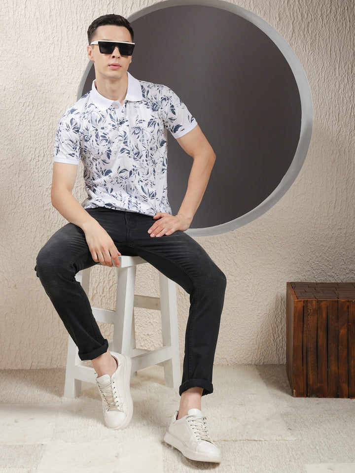 COBB WHITE PRINTED POLO NECK T-SHIRT