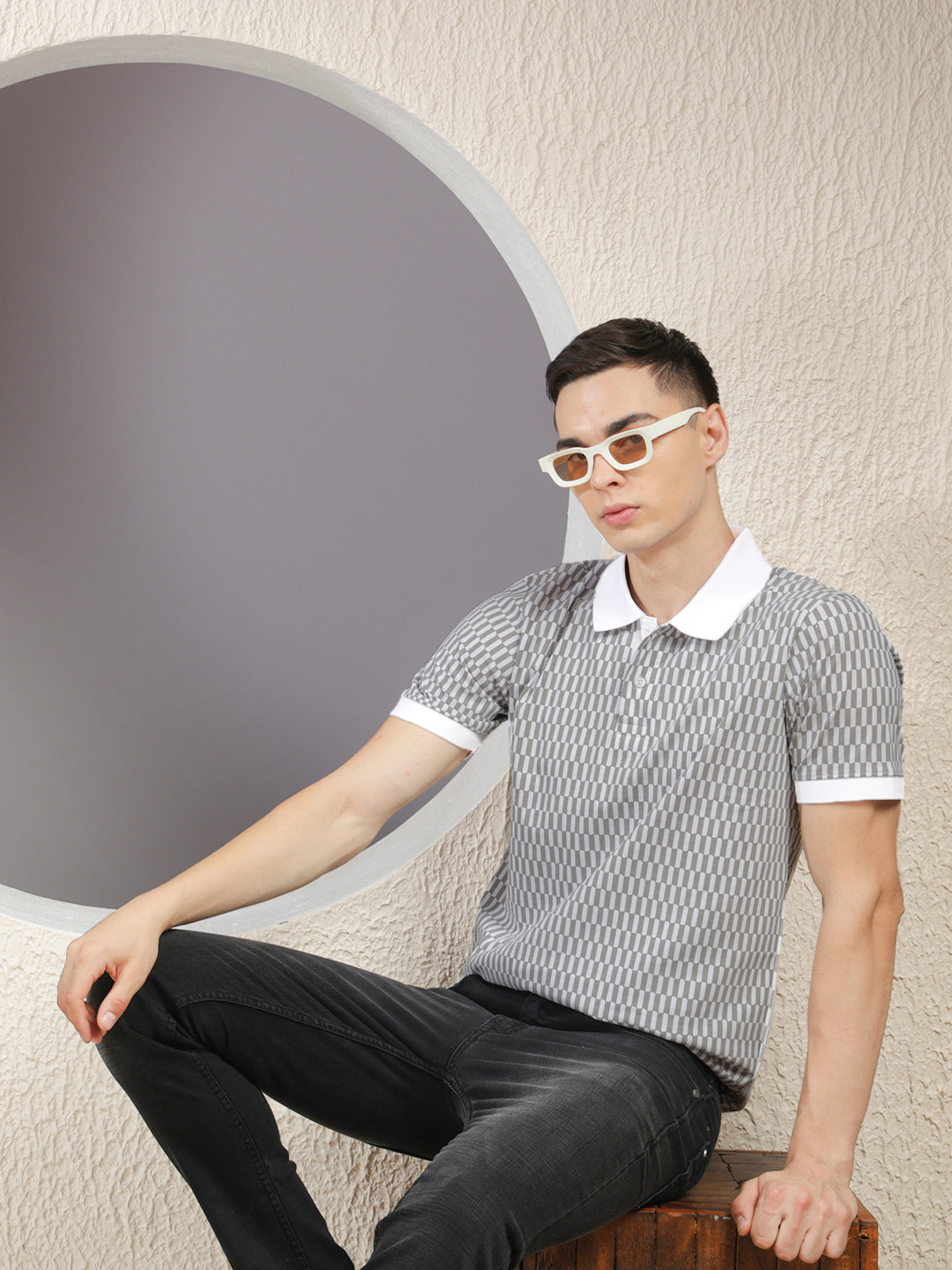 cobb white printed polo neck t-shirt