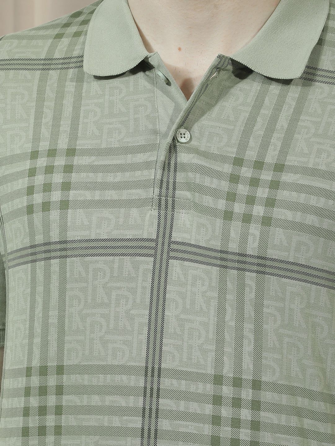 COBB OLIVE CHECKED POLO NECK T-SHIRT
