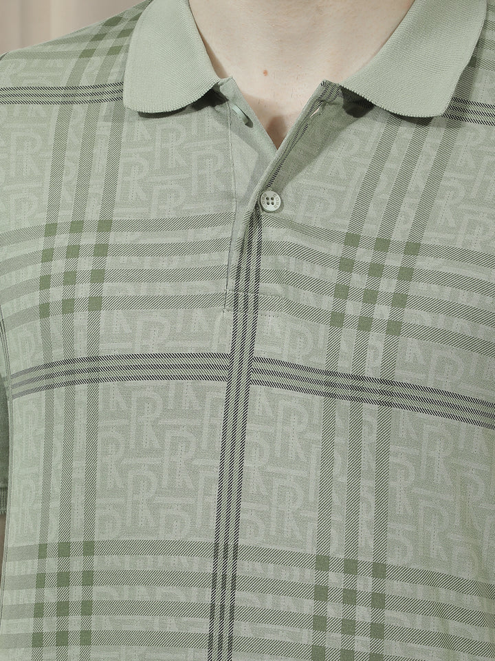 COBB OLIVE CHECKED POLO NECK T-SHIRT