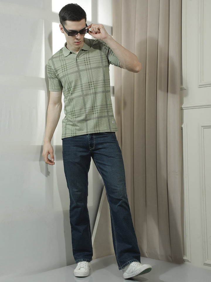 COBB OLIVE CHECKED POLO NECK T-SHIRT