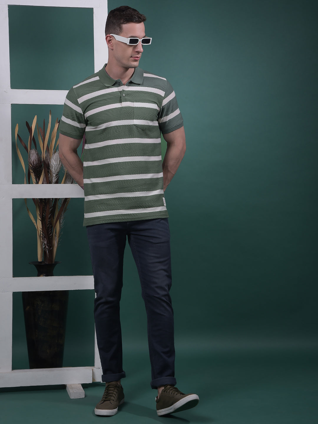 COBB GREEN STRIPED POLO NECK T-SHIRT