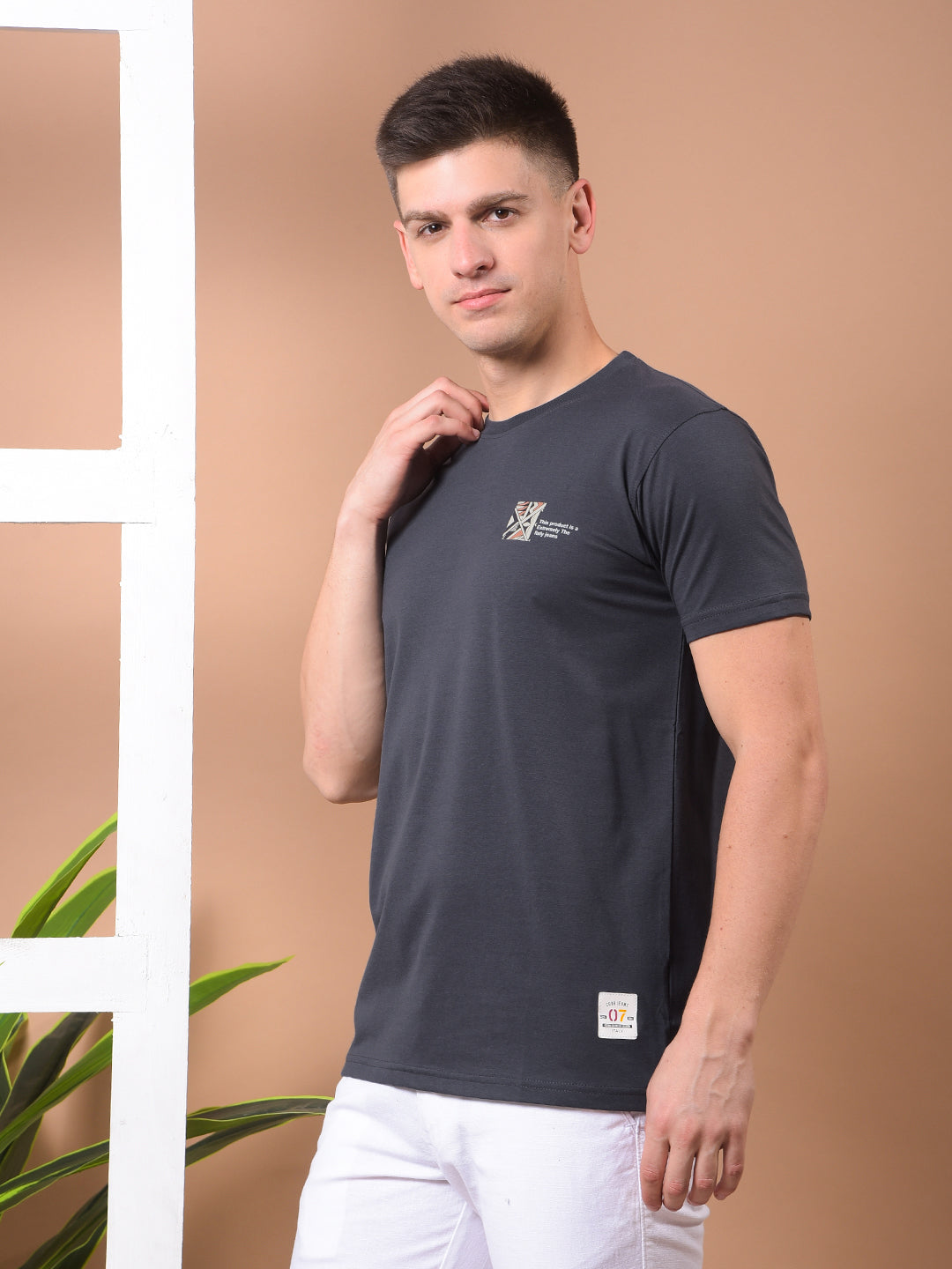 COBB DARK GREY PRINTED ROUND NECK T-SHIRT