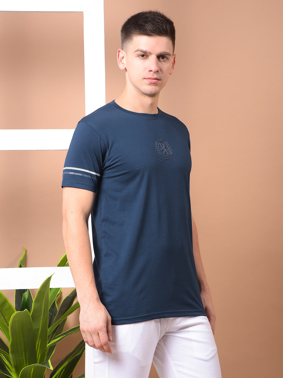 COBB NAVY BLUE PRINTED ROUND NECK T-SHIRT