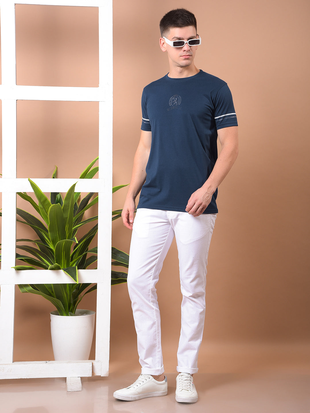 COBB NAVY BLUE PRINTED ROUND NECK T-SHIRT