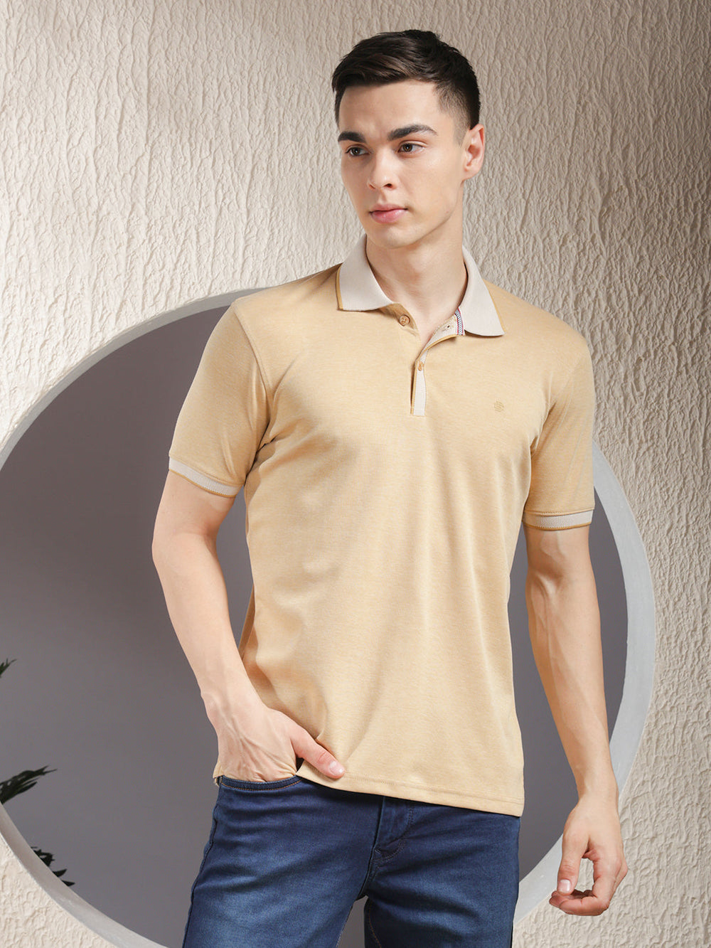 cobb solid beige polo neck t-shirt