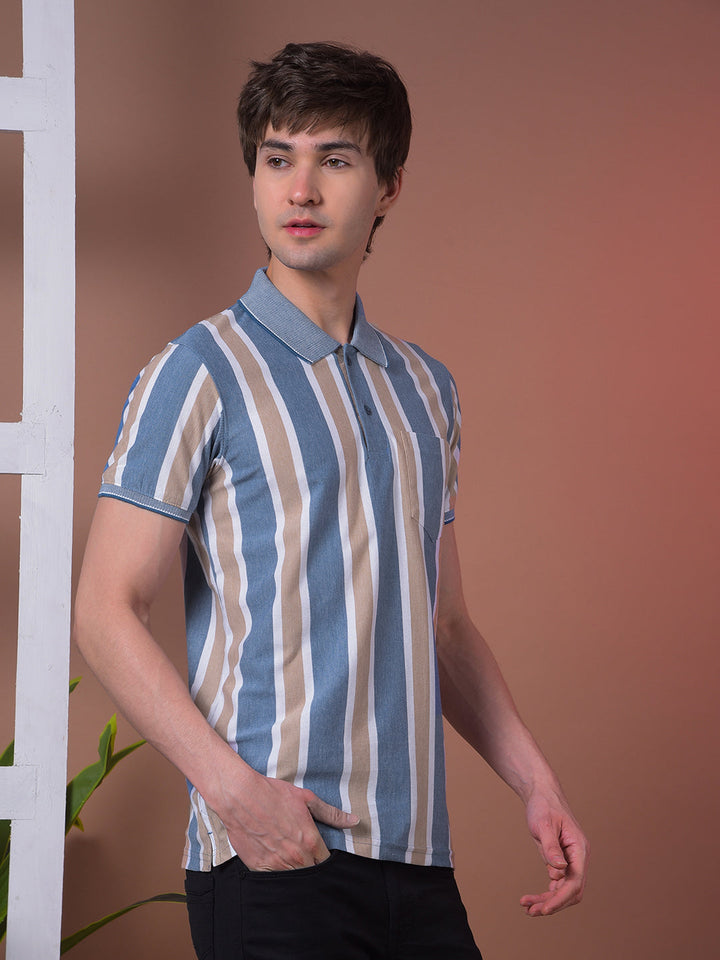 COBB BLUE STRIPED POLO NECK T-SHIRT
